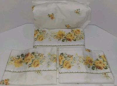 Juego de sábanas planas dobles/completas Springmaid Marvelaire vintage rosas amarillas MCM EE. UU.  Foto 1 de 4