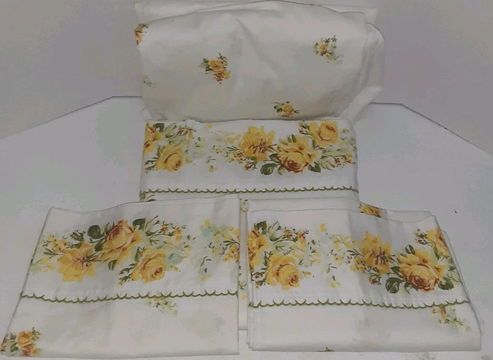 Juego de sábanas planas dobles/completas Springmaid Marvelaire vintage rosas amarillas MCM EE. UU.  Foto 1 de 4