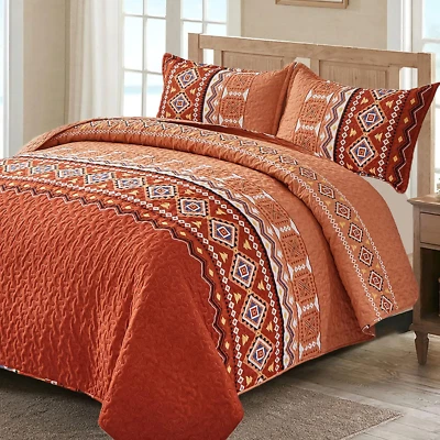 3 Pieces Quilt Set King Size, Burnt Orange/Rust Quilt Bedspread Lightweight Bohe - Image 1 of 4
