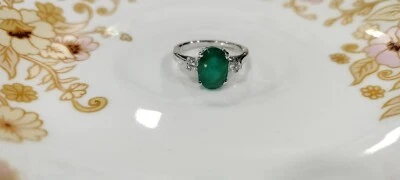 Smeraldo Naturale E Zirconia Cubica Gemma 925 Argento Sterling Massiccio Anello - Immagine 1 di 4