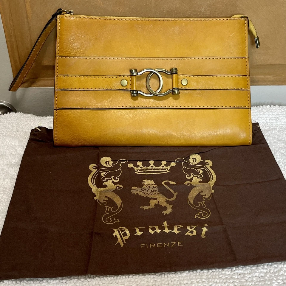 Pratesi Firenze Large Wristlet Clutch Cognac Italian Leather Brown Gold B455