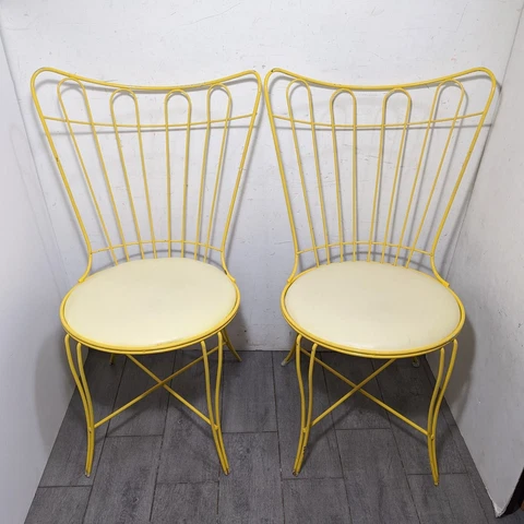 Vintage Mid Century Modern Pair of Homecrest Patio Chairs - Yellow Metal Wire Cover