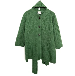 Kilronan Knitwear Green Cable Knit Irish Merino Wool Cardigan Sweater & Scarf M - Picture 1 of 8