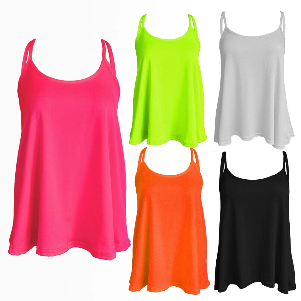 Womens Ladies Plus Size Cami Plain Neon Strappy Swing Vest Top Flared Sleeveless - Image 1 of 1