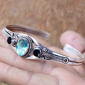 Blue Topaz And Black Onyx Gemstone 925 Sterling Silver Handmade Cuff Bracelet - Picture 1 of 6