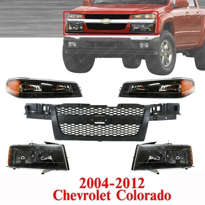Grille Assembly Black + Headlights Kit For 04-12 GMC Canyon Chevrolet Colorado - Image 1 of 4
