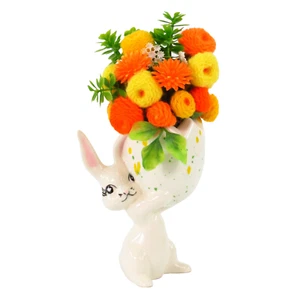 Vintage Easter Bunny Rabbit Egg Holder Planter Yarn Flower Ceramic Table Kitschy - Picture 1 of 20