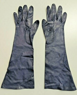 Vintage Made in France Long Leather Gloves Womens Size 6.5 Navy Blue - Image 1 of 4