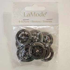 LaMode Steampunk Buttons Compass Antique Pewter Plastic 9 Piece Shank Back - Picture 1 of 4