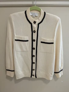 Chaqueta Blazer St John Collection Marie Gris Talla M Santana Tejida Borde Negro Crema - Imagen 1 de 4