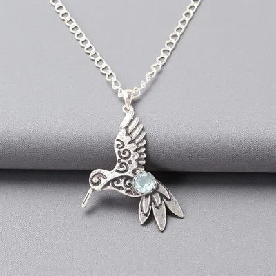 Sky Blue Topaz Gemstone 925 Sterling Silver Jewelry Oxidized Pendant 1.8" Gift - Image 1 of 4