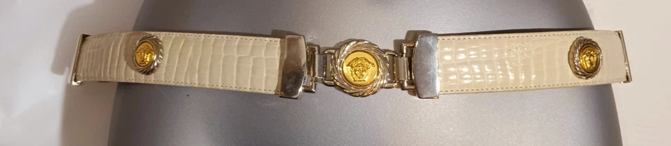 Avanti Medusa Cinturón Conchos Cinturón Dorado y Plateado Croc Crema Paciente Talla 32 Foto 1 de 4