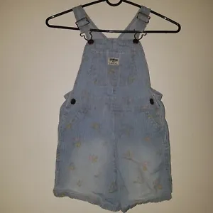 VTG OshKosh Floral Shortalls 5T Toddler Girl Shorts Overalls Blue Stripes FADING - Picture 1 of 8