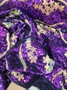 Fabric By The Yard Purple Sequin Embroidery On Stretch Velvet For Dress Clothing - Picture 1 of 9