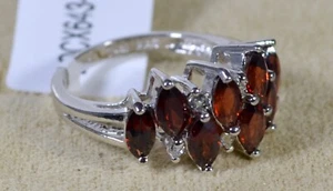 RED GARNET MARQUISE STONES - WHITE TOPAZ - CLUSTER BAND RING SZ 6-RHOD/STER SILV - Picture 1 of 3