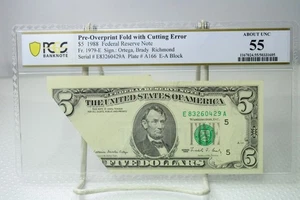 1988 $5 Pre-Overprint Fold w/ Cutting Error Federal Reserve Note PCGS 55 #0429 - Picture 1 of 2