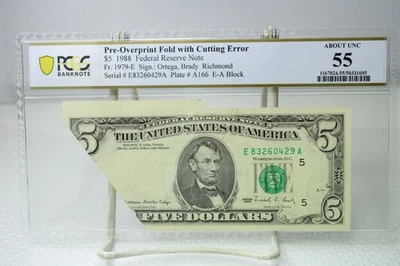 1988 $5 Pre-Overprint Fold w/ Cutting Error Federal Reserve Note PCGS 55 #0429 - Image 1 of 2