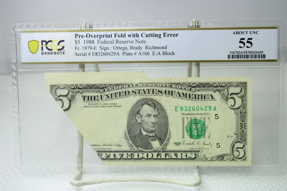 1988 $5 Pre-Overprint Fold w/ Cutting Error Federal Reserve Note PCGS 55 #0429 - Image 1 of 2