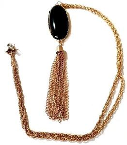 Vintage schwarz oval Perlen Halskette Quaste Anhänger antik goldfarben 24" Kette - Bild 1 von 7
