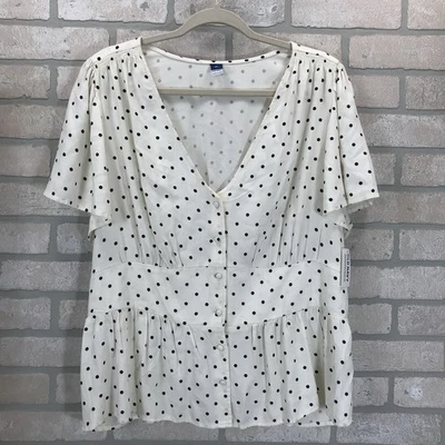 Old Navy Flutter 袖 V 领上衣衬衫女式 XL T 波点黑色白色 — 第 1/4 张图片