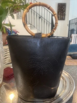 Tommy Bahama Rare Vintage Black Perforated Leather Bamboo Top Handled - Image 1 of 4