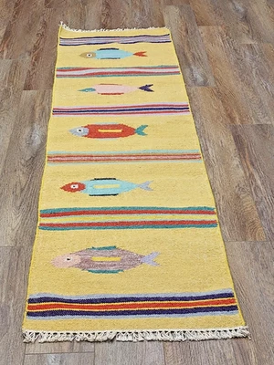 Alfombra bohemia turca, (árbol de la vida) alfombra turca diseño pez, hecha a mano, 2x8 pies Foto 1 de 4