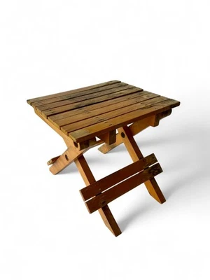 Vintage solid pine collapsible plant stand stool folding picnic table 1970's 2 - Image 1 of 4