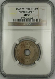 1942 Palestine 10M Ten Mils Copper-Nickel Coin NGC AU-58 - Picture 1 of 2
