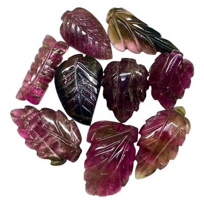 9 Pcs Natural Tourmaline Carved Leaf 15-21mm Loose Multi Color Gemstones Lot - Image 1 of 4