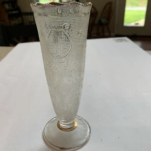 Jeannette Depression Glass HARP & LYRE 7 1/2" tall Bud Vase gold trim - Picture 1 of 4