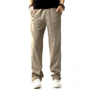 Homme Lin Taille Élastique Cordon Pantalon Jambe Droite Pantalon Décontracté - Picture 1 of 19