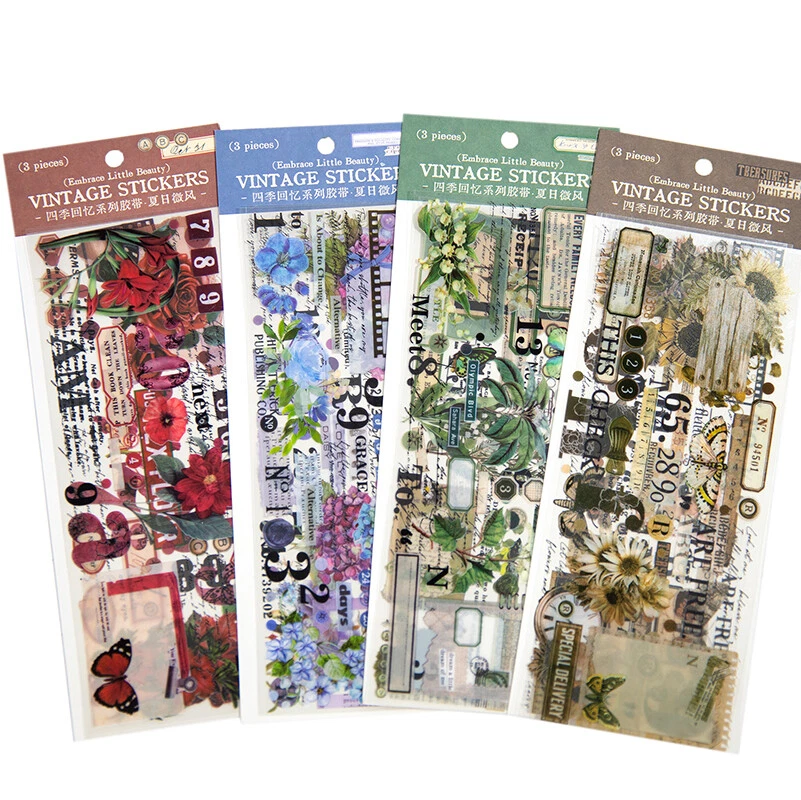 4 Paquetes Vintage Flores Plantas Cinta Adhesiva Diarios Álbum Pegatinas Decorativas Foto 1 de 4