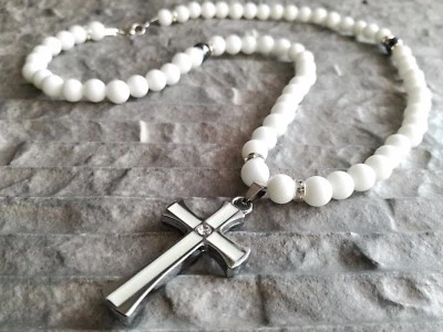 Damenkette Halbedelstein Onyx glanz perlen Kreuz Hämatit Halskette Rosenkranz - Bild 1 von 4