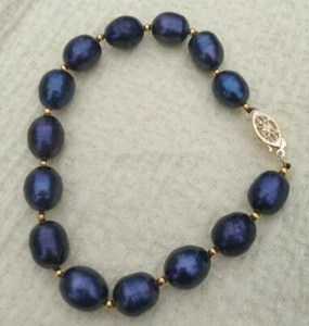 Splendido Bracciale 8x10mm Perle Nere Naturali Mare del Sud Oro 7,5-8" 14k - Foto 1 di 3