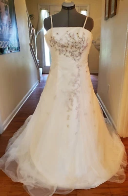 Monique Luo David's Bridal Ivory Satin Sheer Overlay Beaded Wedding Dress Size 8 - Image 1 of 4