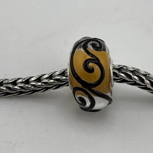 Authentic Trollbeads Black Swirls Design On Orange Core Unique Ooak Bead #601 - Picture 1 of 5