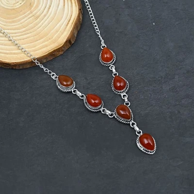 Corniola Gemma Artigianale 925 Argento Sterling Gioielli Collana - Immagine 1 di 4