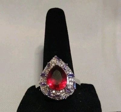 Fashion Pear Shape Cluster Silver Ring Pink, Purple,Clear CZ/Rhinestone Size 10 - Image 1 of 4