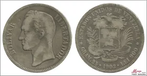 Venezuela 5 Bolivares 1902 / Simon Bolivar / 24.55 Grams Silver MBC Y00024.2- - Picture 1 of 1