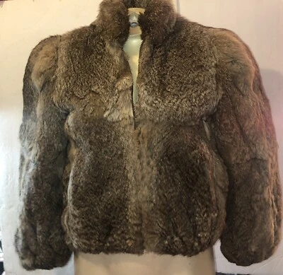 VTG Brown Rabbit Genuine Fur Bomber Small Zip Jacket Coat 70’s Princess Mob Wife - Image 1 of 4