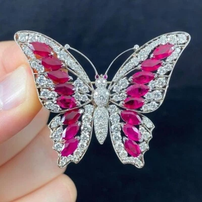 10.67 TCW Marquise Ruby & Round Sapphire Pretty Butterfly Women's Party Brooch - Image 1 of 4