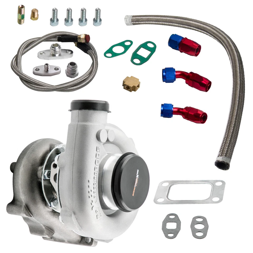 T04E T3/T4 A/R.63 74.2Trim 400HP Universal Turbocharger+Oil Feed+Drain Line Kit - Image 1 of 4