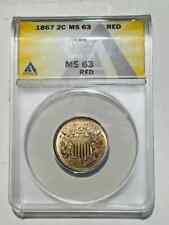 1867 Two cent piece ANACS MS-63 RED