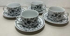 Anthropologie Black and White Floral Cup and Saucer Set (4) Coffee Tea Japan - Picture 1 of 14