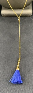 Gorjana Necklace Gold Tone Blue Cloth Tassel Lariat 25" - Picture 1 of 4