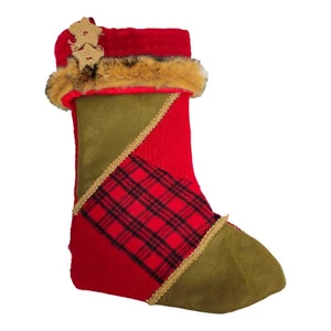Christmas Stocking Faux Fur Twine Burlap Handmade ? Felt Plaid Mixed 16" READ - Picture 1 of 8