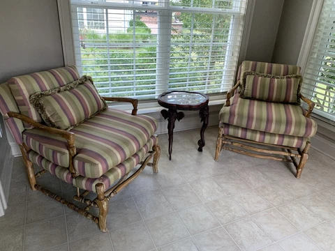 Bergère Lounger Style Upholstered Chairs, distressed wood, striped, shabby chic Cover