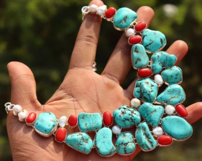 Turquesa, Coral y Perla Piedras Preciosas Hecho a Mano 925 Plata de Ley Racimo Collar Foto 1 de 4