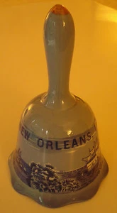 VINTAGE CERAMIC BELL NEW ORLEANS, LA RIVER BOAT & OTHER SCENES BLUE GOLD TIP - Picture 1 of 9