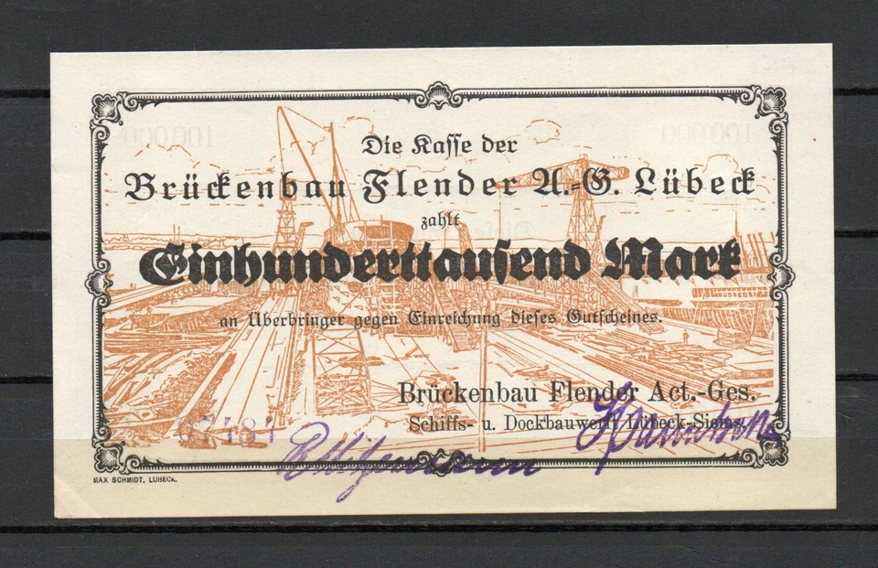 Lübeck - Brückenbau Flender AG - 100000 Mark - kassenfrisch - Rarität - Bild 1 von 2